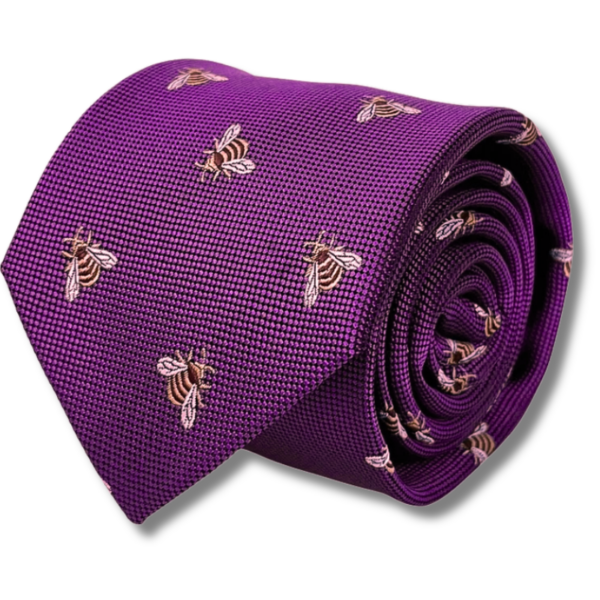 Purple Men’s Tie with Golden Brown Bee Embroidered Pattern