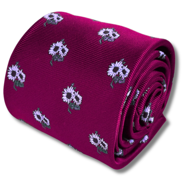 Men’s Plum Red Tie with Blue Sunflower Embroidered Pattern.