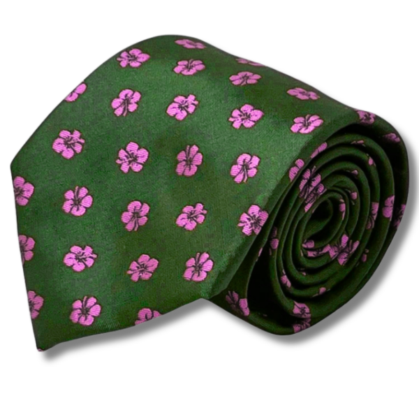 Green Men’s Tie with Pink Embroidered Floral Pattern.