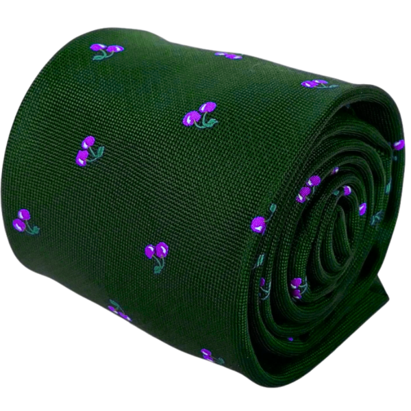 Green Men’s Tie with Purple Cherry Embroidery Pattern