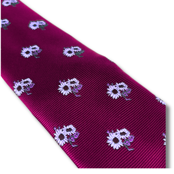 Men’s Plum Red Tie with Blue Sunflower Embroidered Pattern.