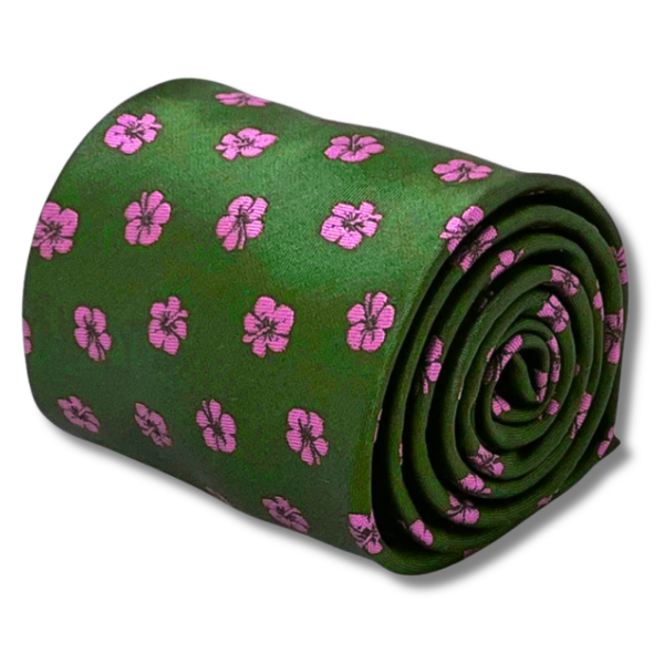 Green Men’s Tie with Pink Embroidered Floral Pattern.