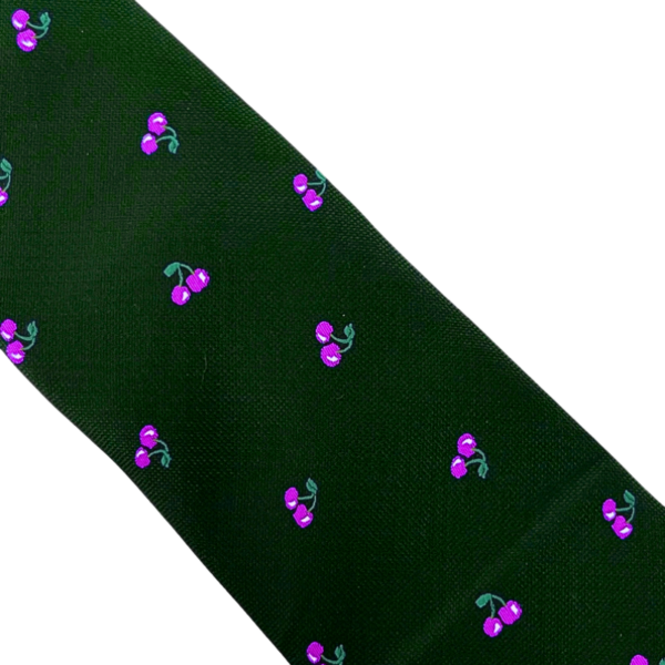 Green Men’s Tie with Purple Cherry Embroidery Pattern