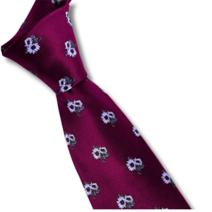 Men’s Plum Red Tie with Blue Sunflower Embroidered Pattern.