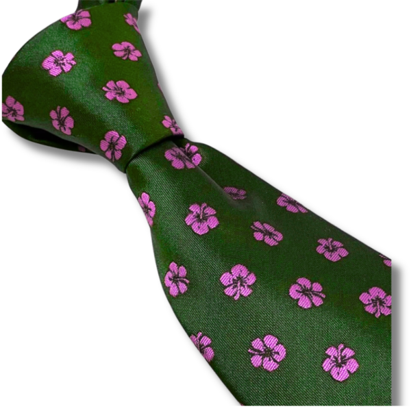 Green Men’s Tie with Pink Embroidered Floral Pattern.