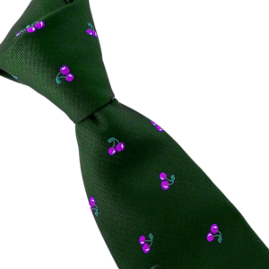 Green Men’s Tie with Purple Cherry Embroidery Pattern