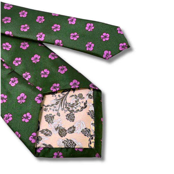 Green Men’s Tie with Pink Embroidered Floral Pattern.